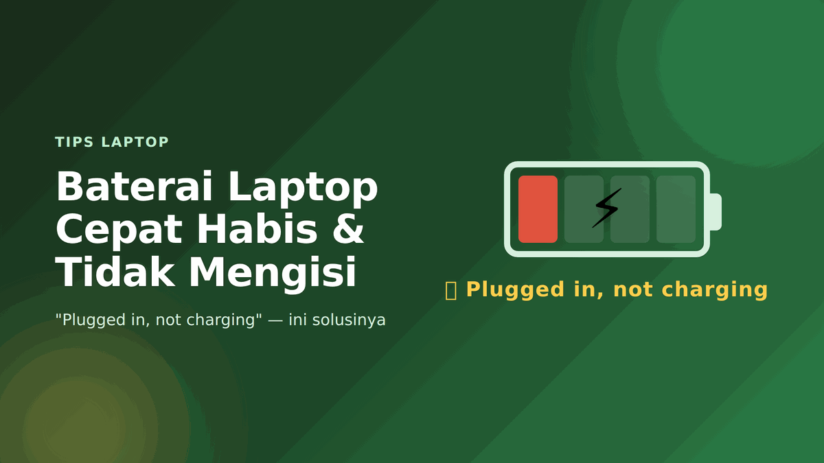 Ilustrasi baterai laptop hampir kosong dengan simbol petir dan tulisan plugged in not charging