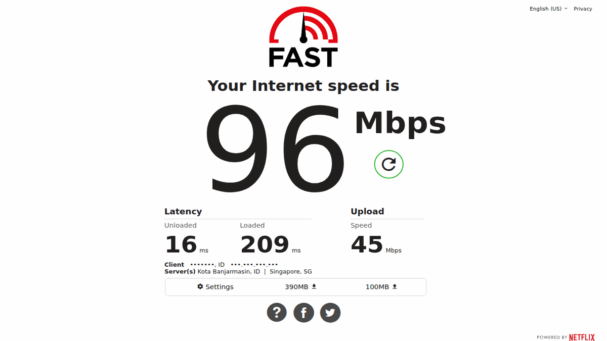Hasil speed test fast.com menunjukkan kecepatan download 96 Mbps, upload 45 Mbps, dan latency 16 ms