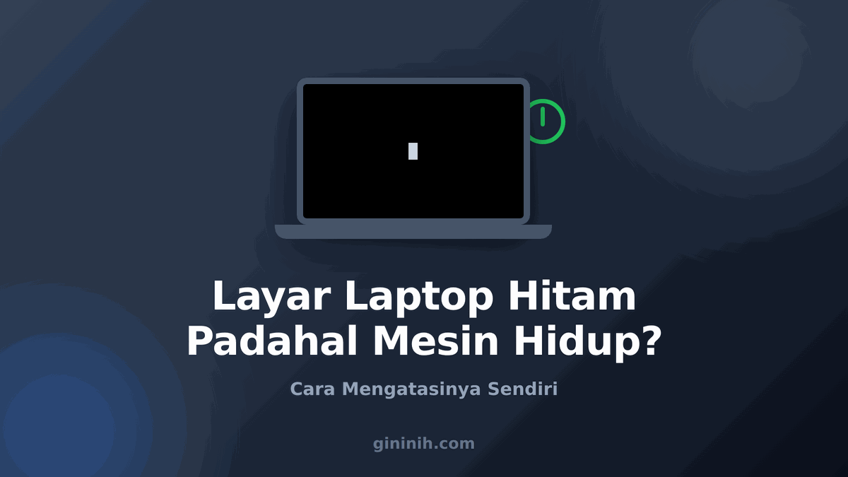 Ilustrasi layar laptop hitam dengan kursor sementara lampu power menyala hijau