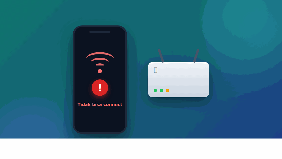 Ilustrasi HP gagal connect ke WiFi dengan tanda peringatan di samping router