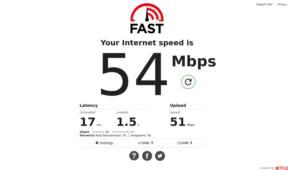 Hasil speed test di Fast.com menunjukkan kecepatan download 54 Mbps, upload 51 Mbps, dan latency
