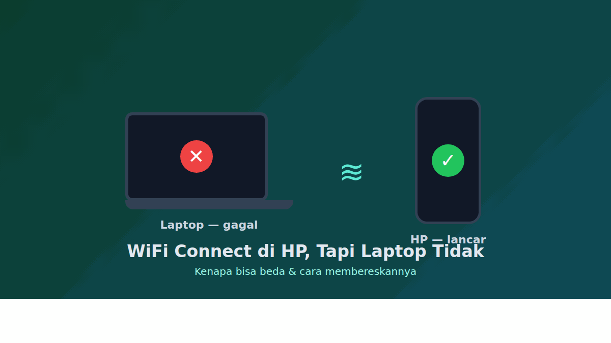 Ilustrasi laptop bertanda silang merah dan HP bertanda centang hijau menyambung ke WiFi yang sama